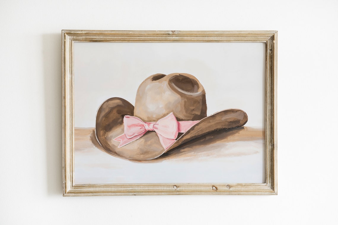 Brown Cowboy Hat Pink Bow Watercolor Western Girls Art Poster - Image 2