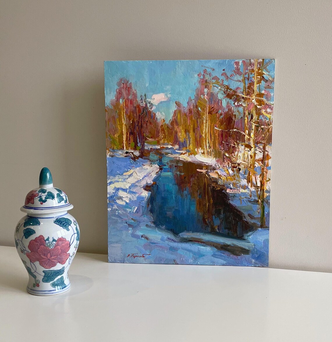 Winter Forest River Snow Banks Blue Water Impressionist Oil Painting