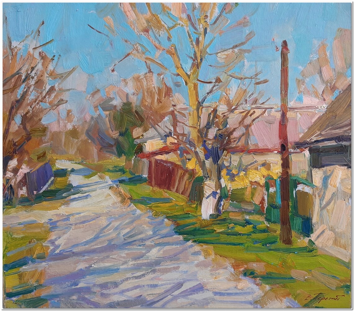Rural Village Road Spring Blossom Trees Impressionist Oil Painting