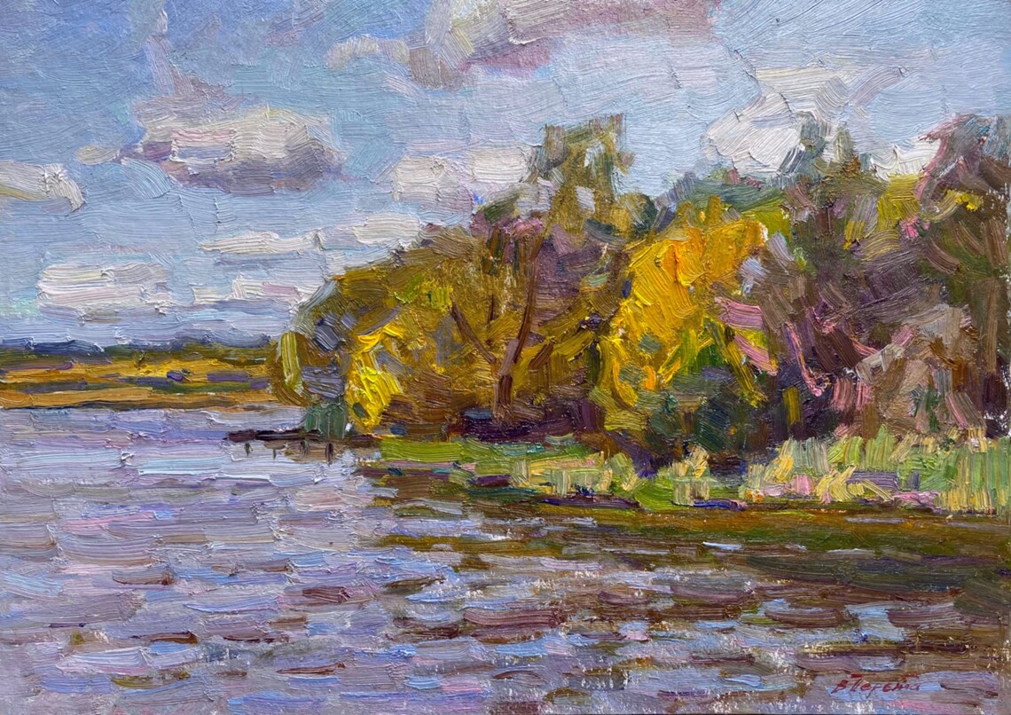 Autumn River Golden Trees Lavender Water Impressionist Oil Painting - Image 3