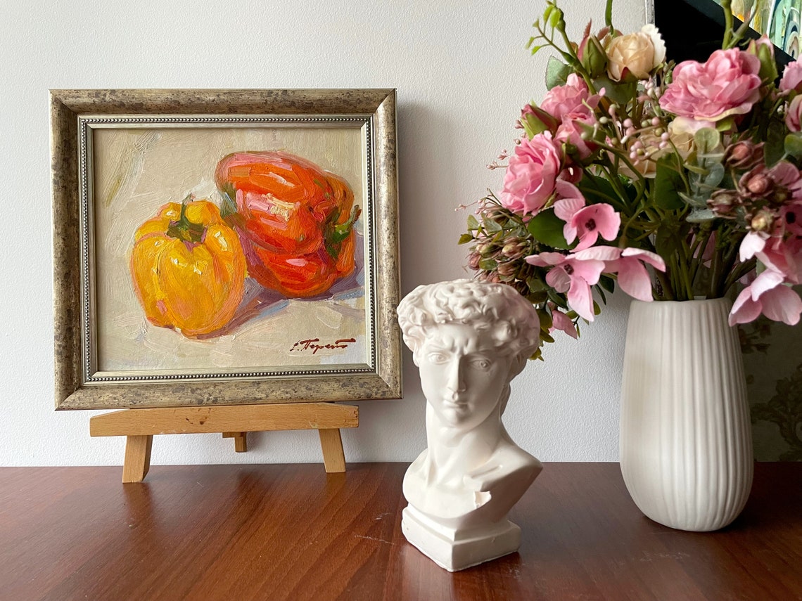 Yellow Red Bell Peppers Framed Still Life Oil Painting Kitchen Decor - Image 4