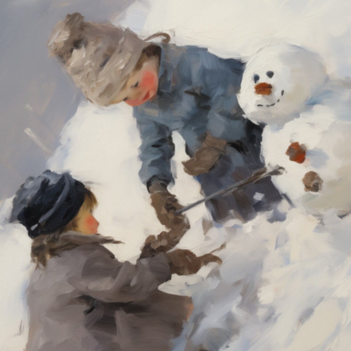 Children Making a Snowman, Vintage Landscape Art Print - Image 5