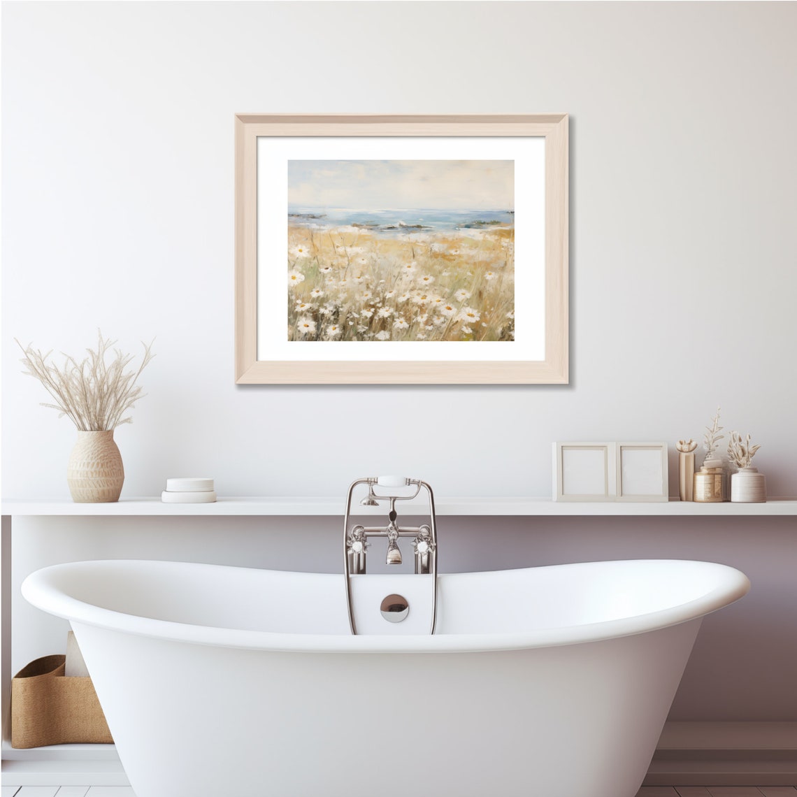 White Daisies Blooming In A Coastal Field By The Sea Art Poster - Image 3