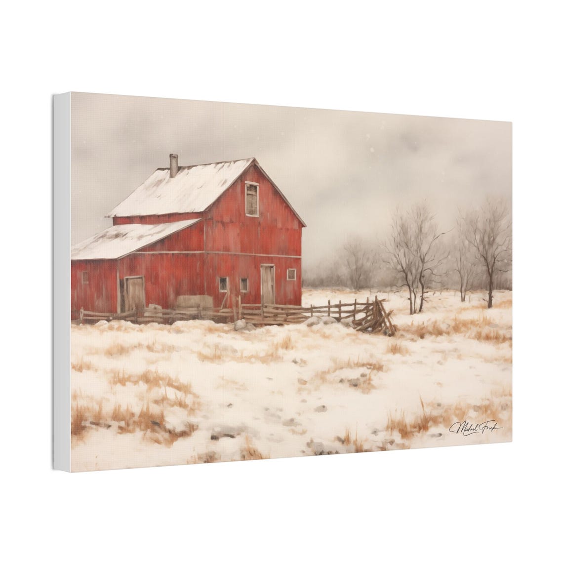 Red Barn in Falling Snow Winter Farmhouse Scene Painting Poster - Image 4