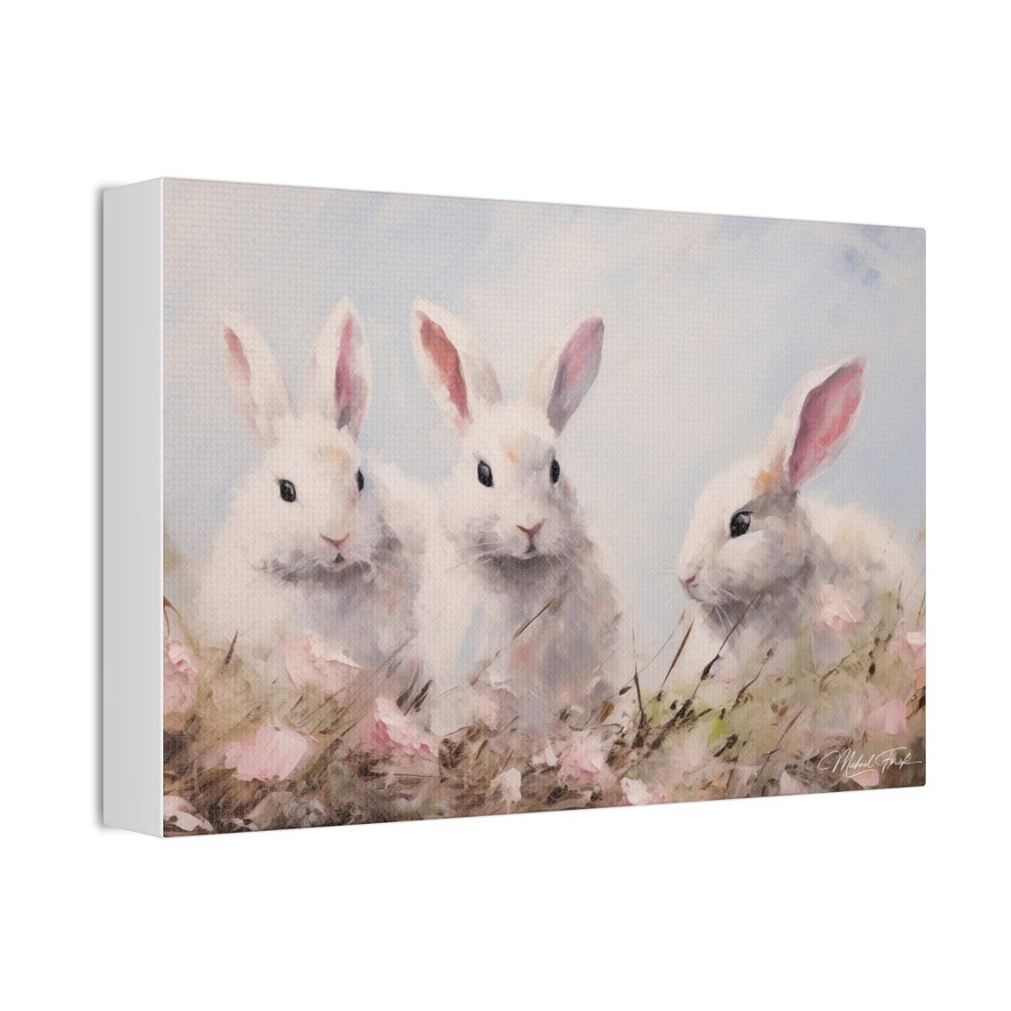 Three Fluffy White Bunnies Among Pink Meadow Flowers Art Print - Image 3