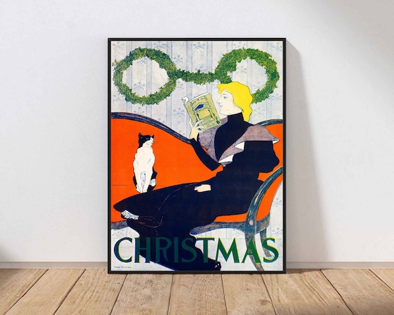 Vintage Christmas Poster Art Print, Holiday Decor