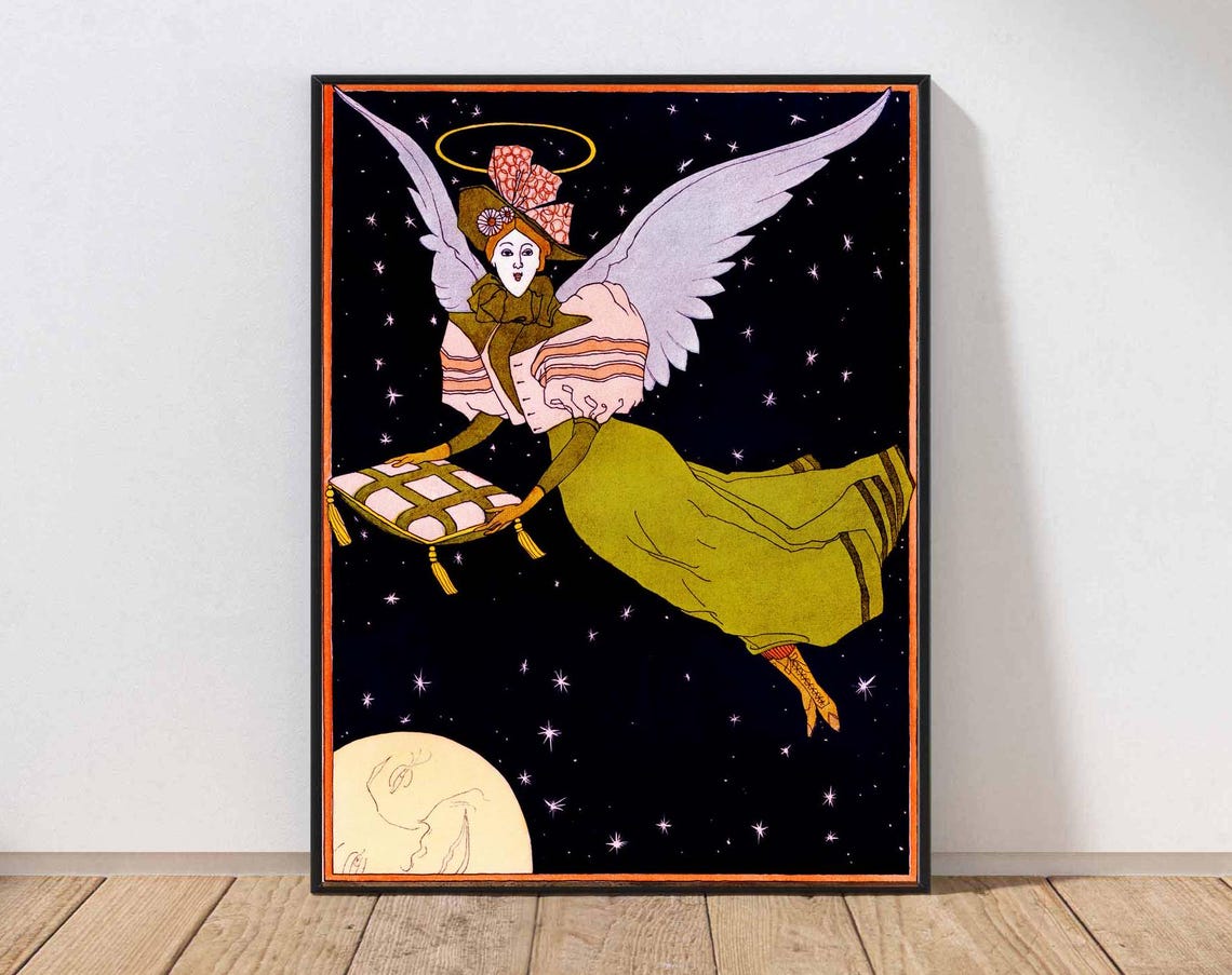 Art Nouveau Angel Flying over Moon Starry Night Vintage Illustration Poster