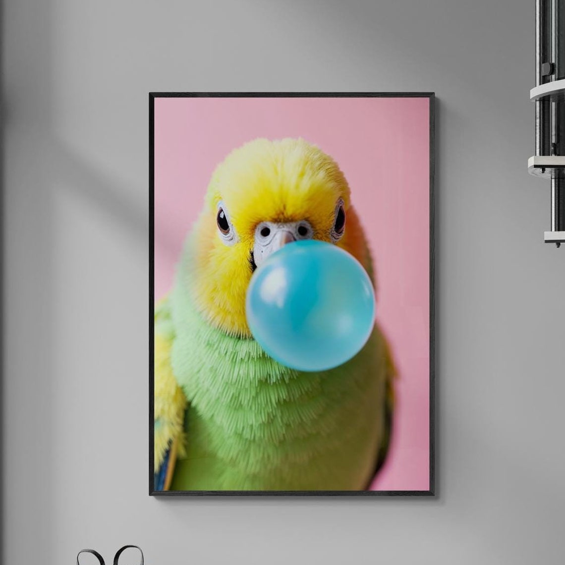 Yellow Parrot Blowing Blue Bubblegum Bubble on Pink Background Poster