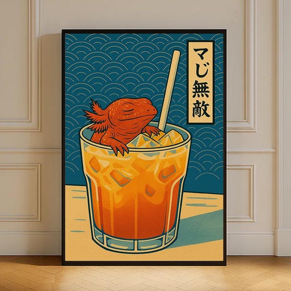 Retro Japanese Axolotl Poster Print Cute Kawaii Amphibian Wall Art Iced Drink Illustration Colorful Animeinspired Room Decor