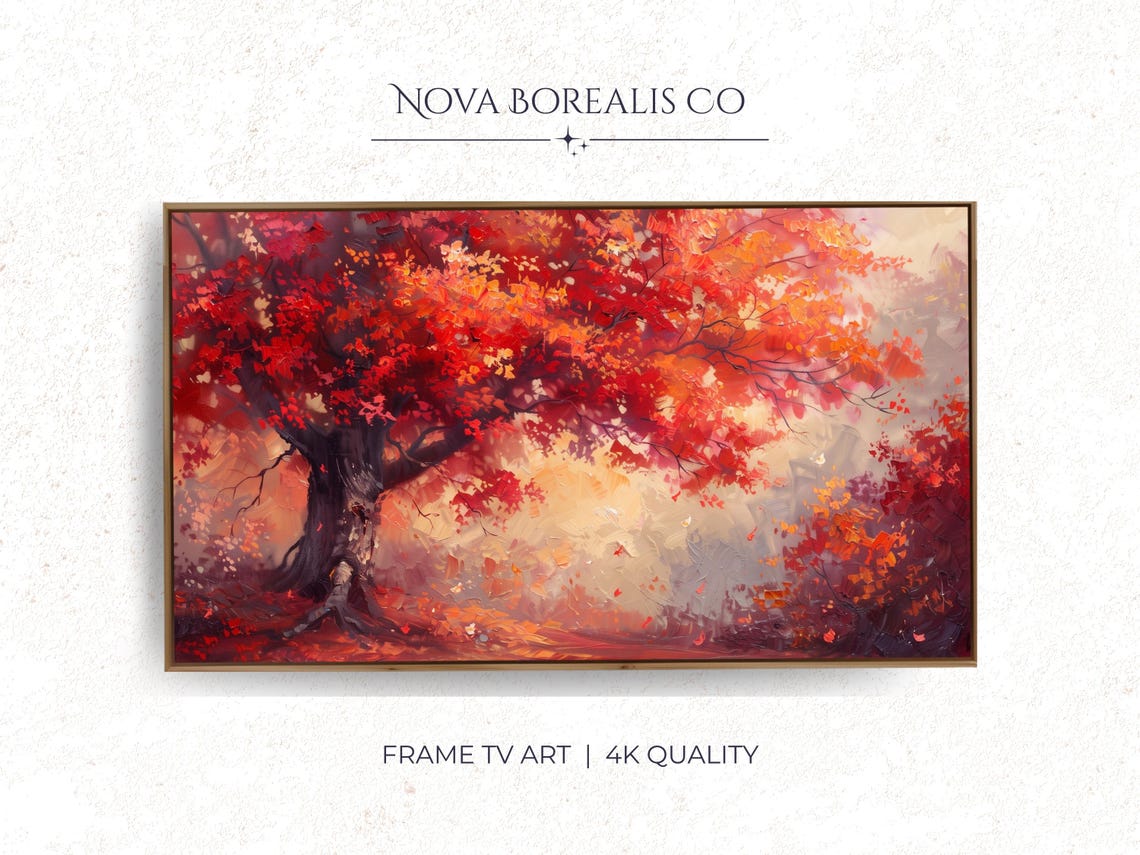 Fiery Red Maple Tree Fall Foliage Oil Painting Autumn Landscape Poster