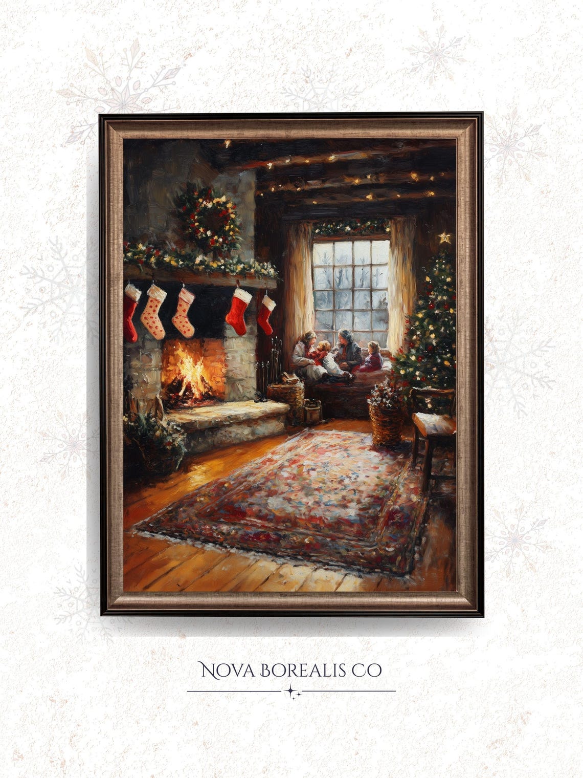 Cozy Family Christmas Fireplace Stockings And Tree Warm Vintage Poster