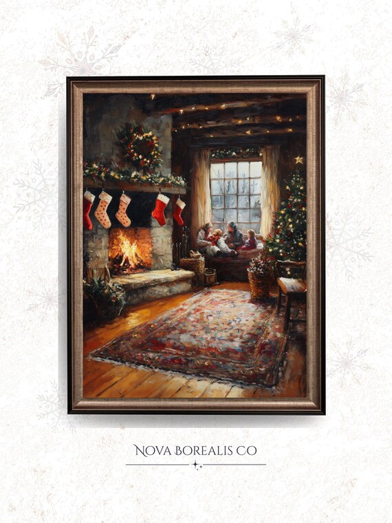 Cozy Family Christmas Fireplace Stockings And Tree Warm Vintage Poster