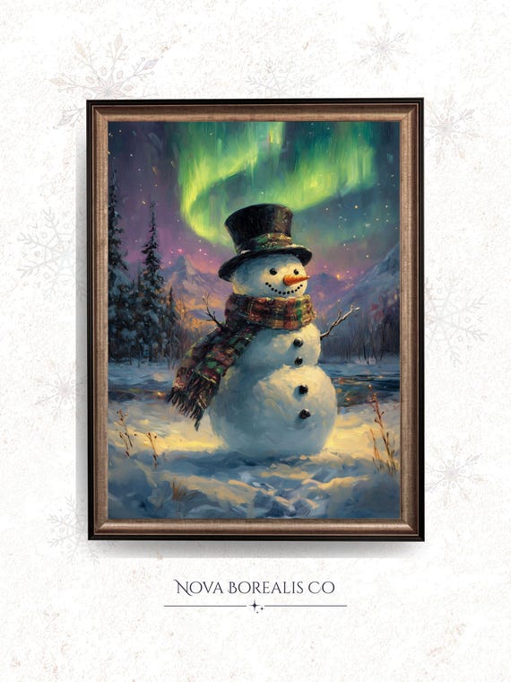 Vintage Snowman With Top Hat Scarf Art Festive Winter Scene Cozy Holiday Decor Moody Christmas Night 148