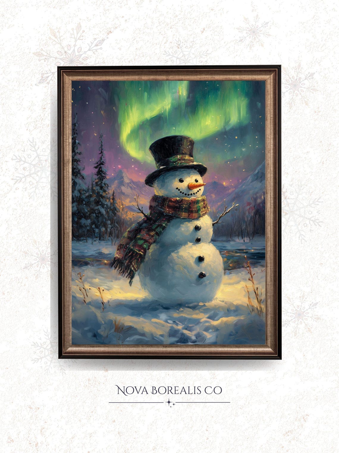 Snowman Under Aurora Borealis Vintage Winter Night Art Poster