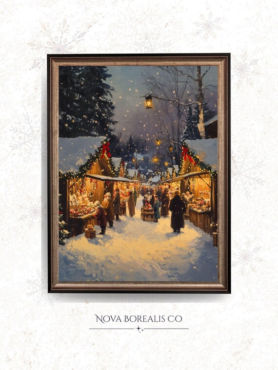 Christmas Market Snowy Night Lights Vintage Village Wall Art