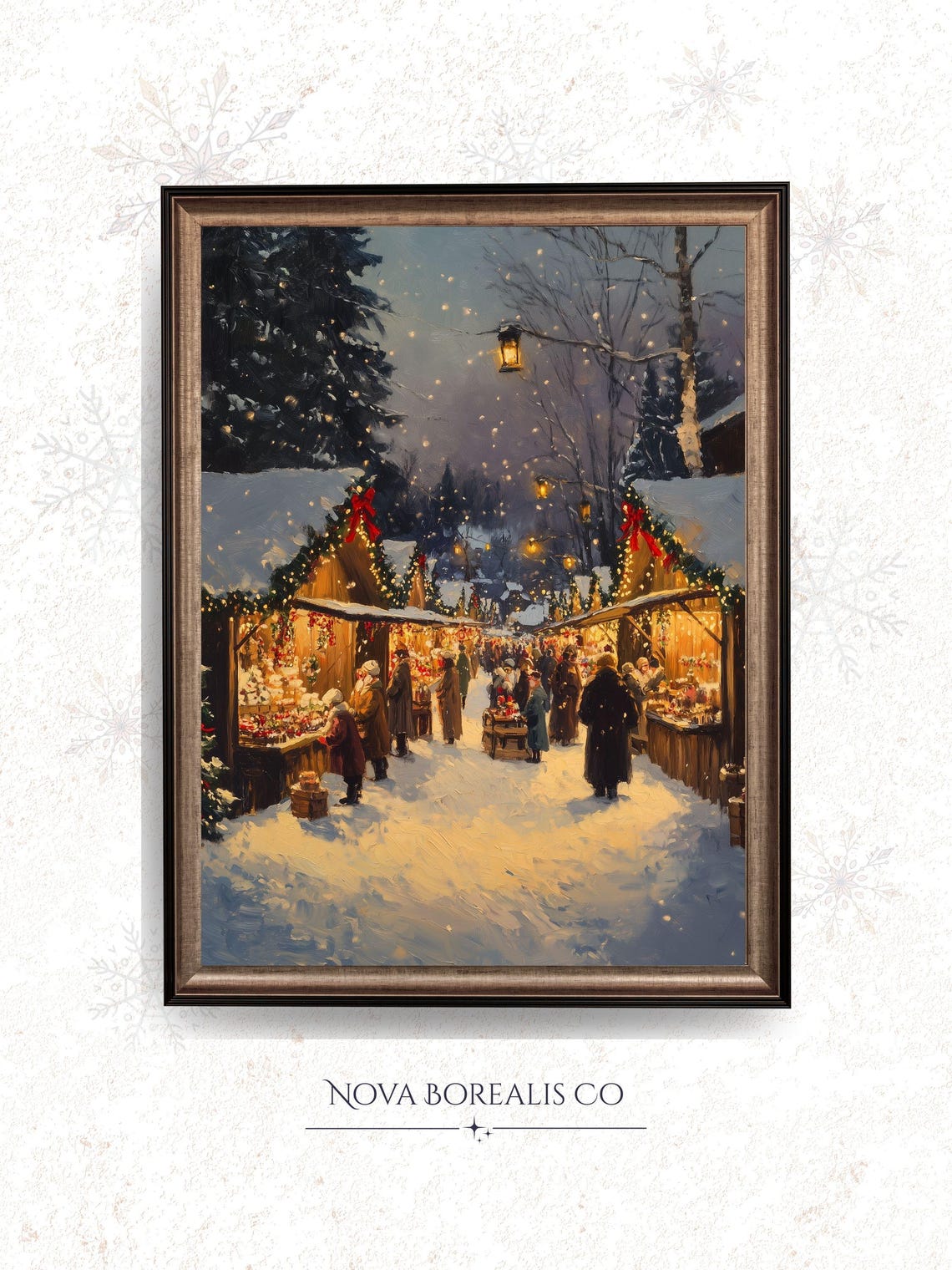 Christmas Market Snowy Night Lights Vintage Village Wall Art