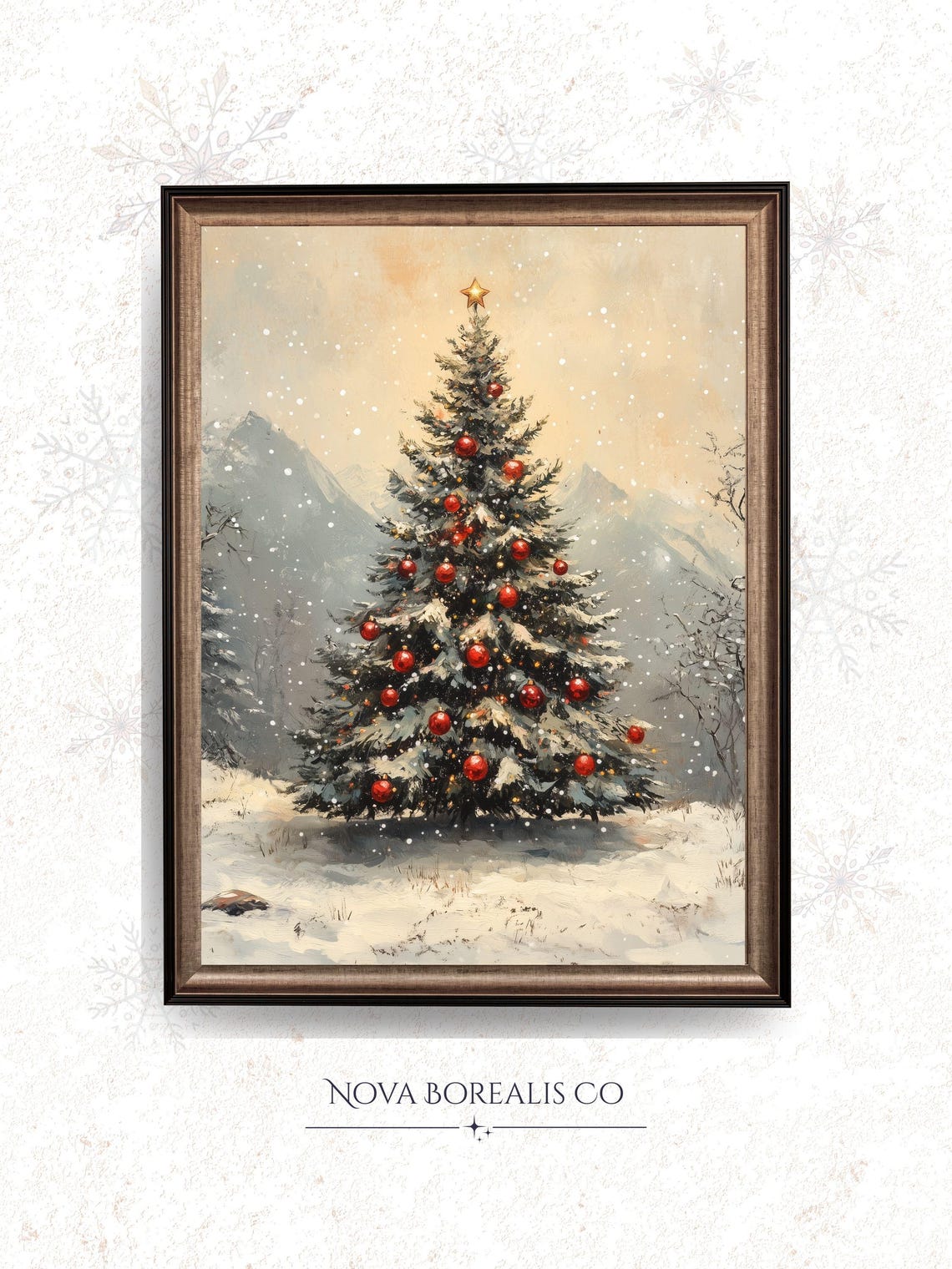 Snowy Vintage Christmas Tree With Red Ornaments Classic Holiday Poster