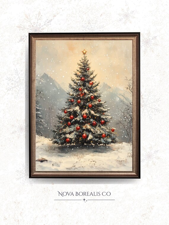 Snowy Vintage Christmas Tree With Red Ornaments Classic Holiday Poster