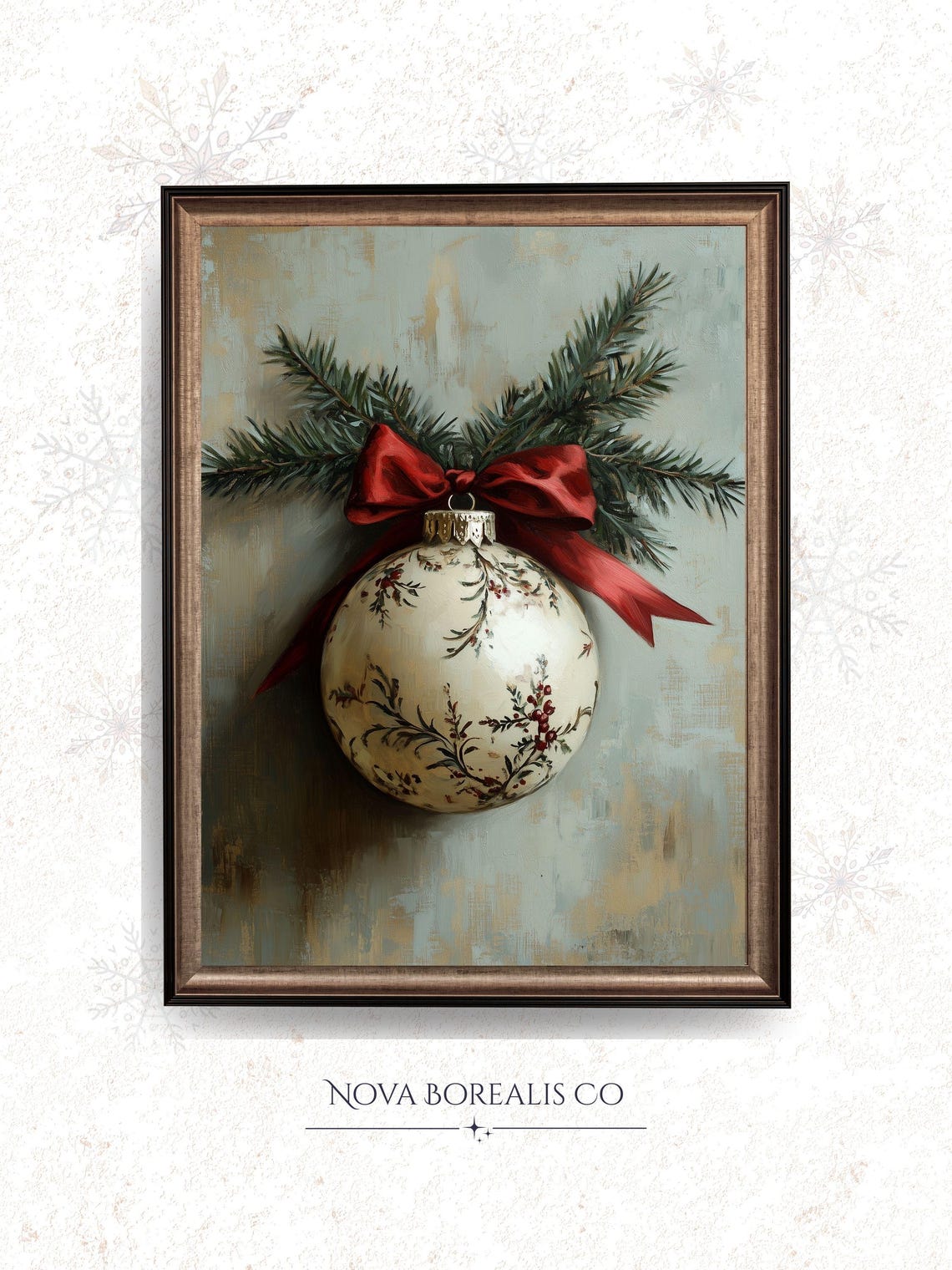 Vintage Christmas Ornament Red Satin Bow Rustic Holiday Poster