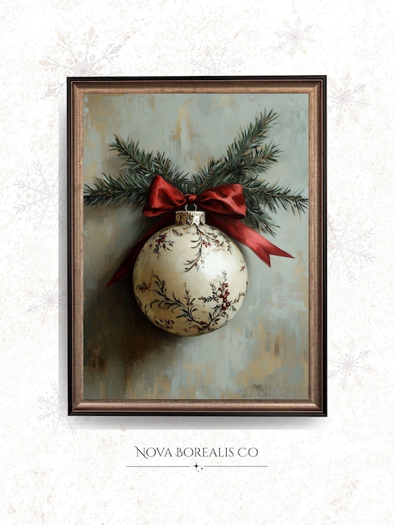 Vintage Christmas Ornament Red Satin Bow Rustic Holiday Poster