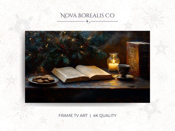 Moody Vintage Desk Still Life Poster Candle Books Christmas Cookies Decor