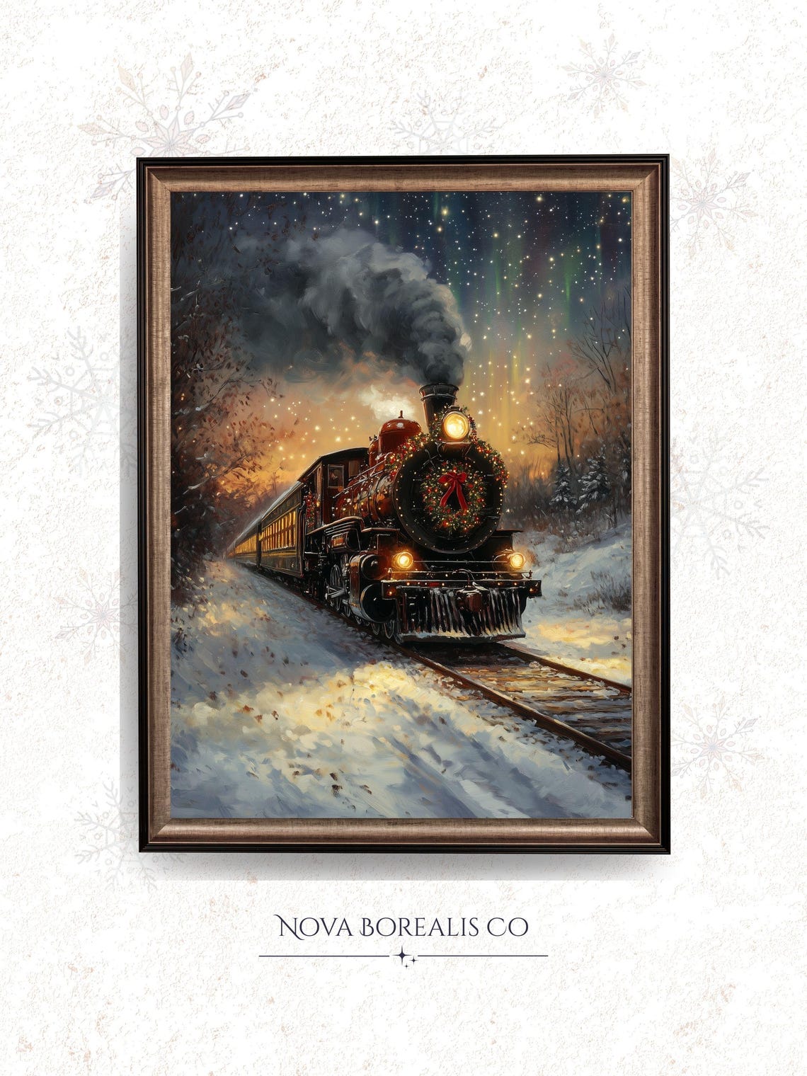 Vintage Steam Train Snowy Night Wreath Starry Sky Christmas Art Poster