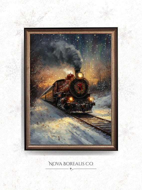 Festive Vintage Steam Train Artwork Cozy Holiday Wall Art Moody Winter Scene Snowy Tracks Rustic Decor 149