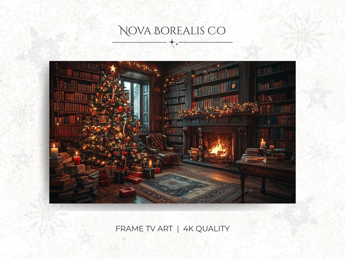 Cozy Christmas Library Fireplace Books Holiday Night TV Art Poster
