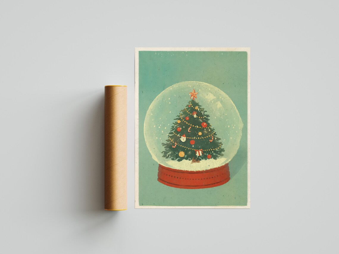 Vintage Snow Globe With Decorated Christmas Tree Sage Green Holiday Poster - Image 2