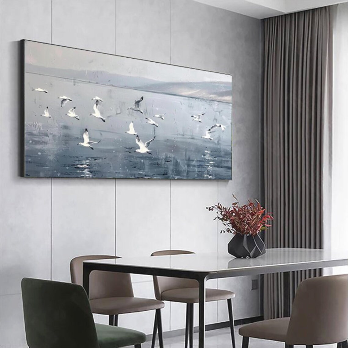 Seagulls Flying Over Grey Seascape Minimalist Bird Art Painting Poster - Image 2