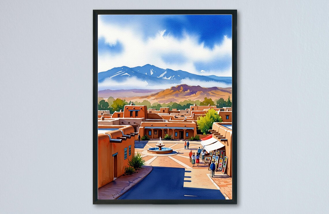 Santa Fe Watercolor Adobe Plaza New Mexico Desert Town Poster