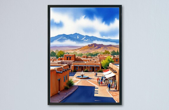 Santa Fe Watercolor Adobe Plaza New Mexico Desert Town Poster