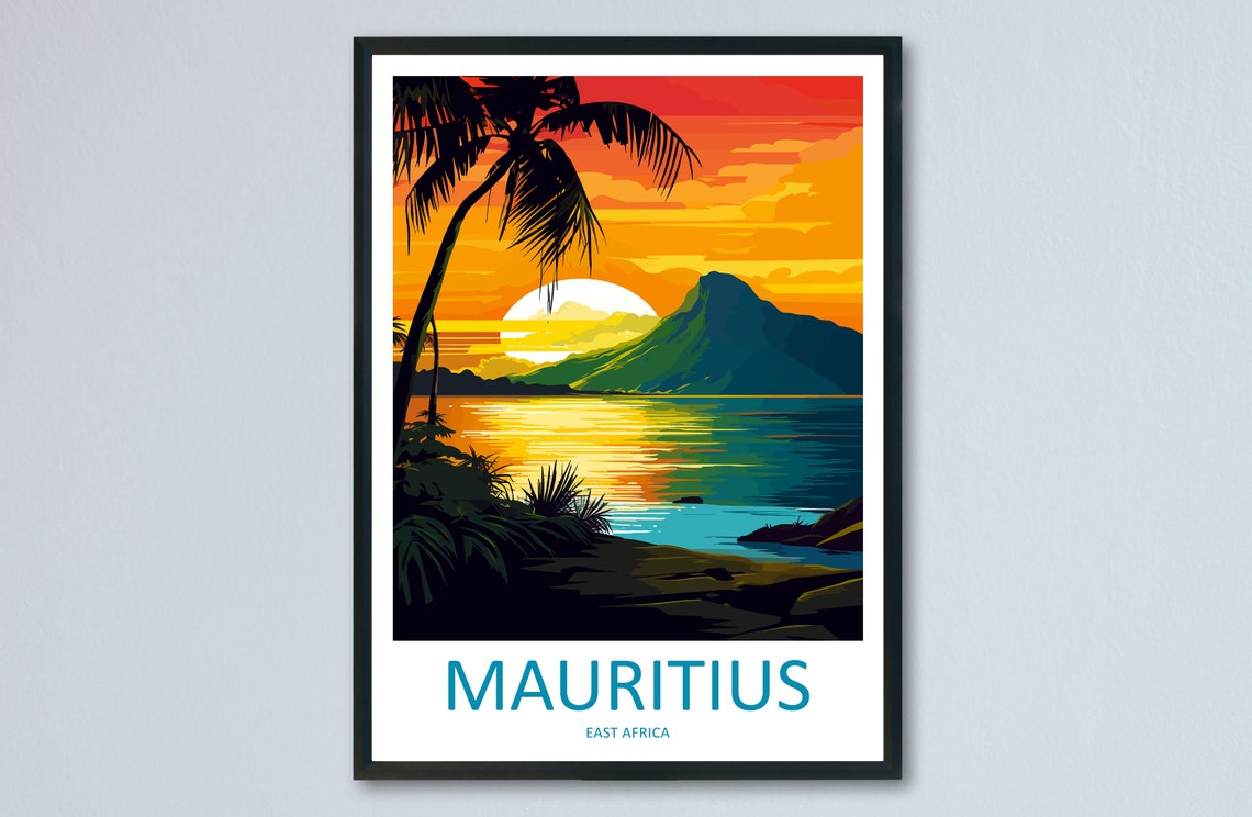 Mauritius Sunset Palm Silhouette Ocean Island Glow View Poster