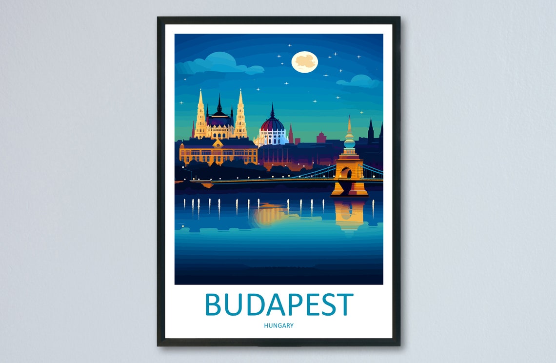Budapest Hungary Parliament and Bridge Moonlit Night Skyline Poster
