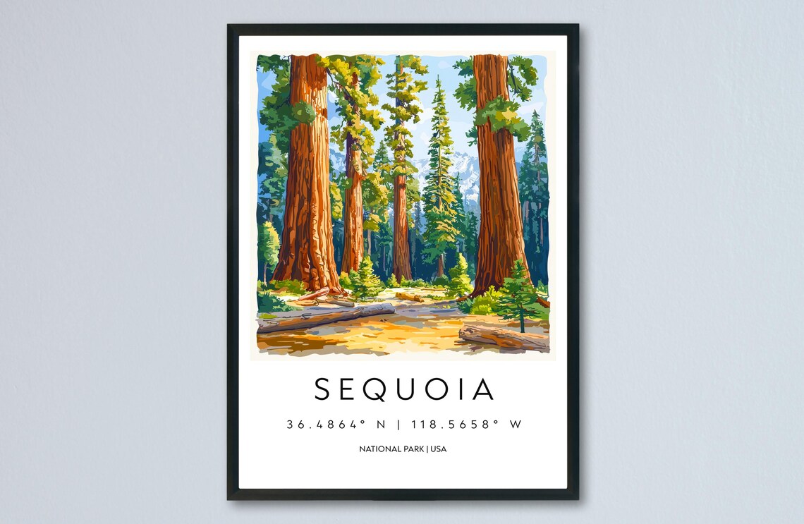 Sequoia National Park Giant Trees Forest Watercolor Travel Poster