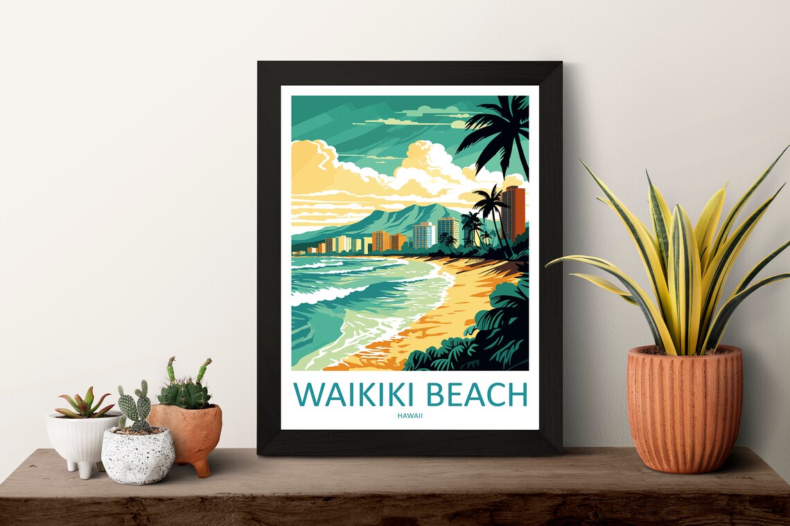 Waikiki Beach Hawaii Skyline Surf Palms Golden Hour Travel Poster - Image 3