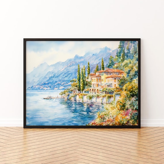 Lake Como Italy Watercolor Lakeside Villa Cypress Mountains View Art Poster