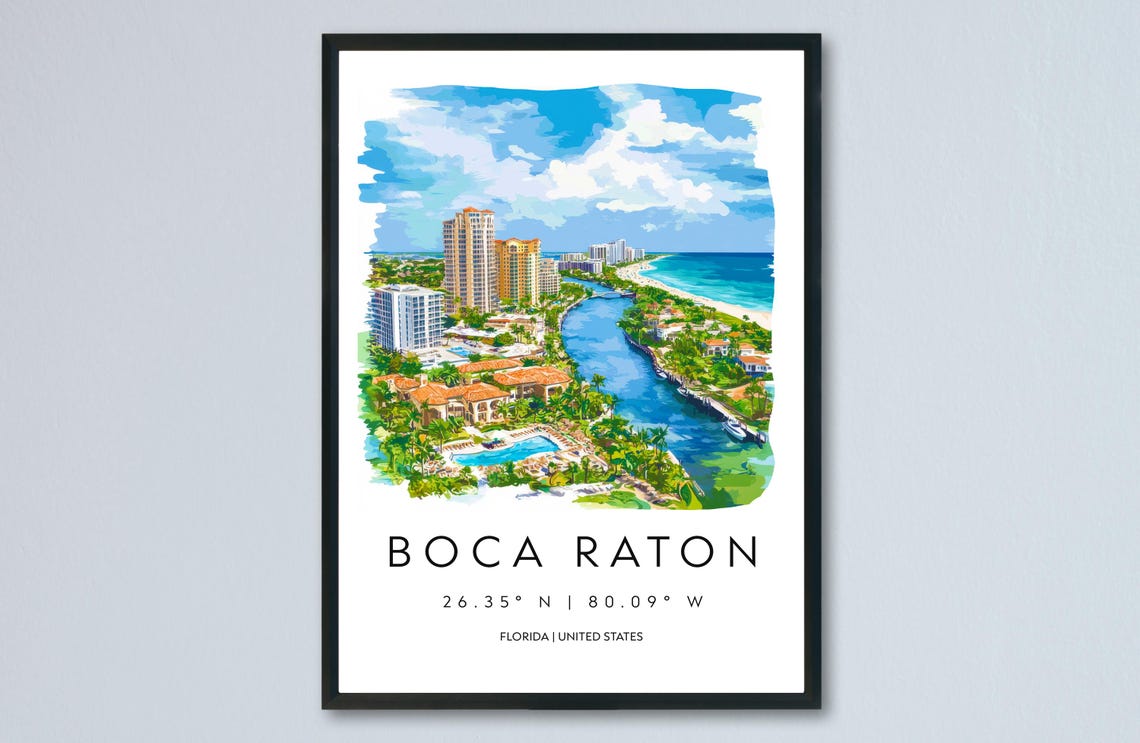 Boca Raton Aerial Coastal Watercolor Florida Canal Skyline Poster