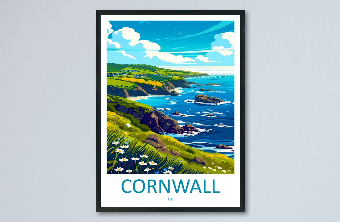 Cornwall UK Dramatic Coastal Cliffs Wildflower Meadow Travel Poster