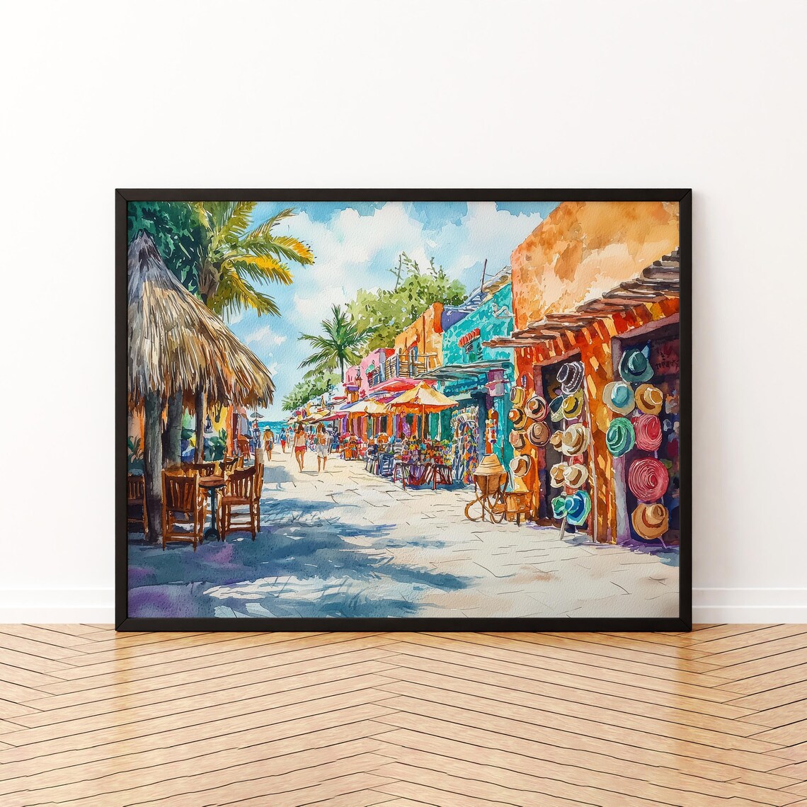 Isla Mujeres Mexico Colorful Market Street Watercolor Poster
