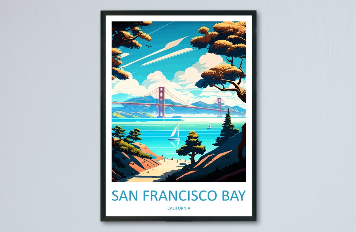 San Francisco Bay Golden Gate Bridge Sailboat Coastline Travel Poster