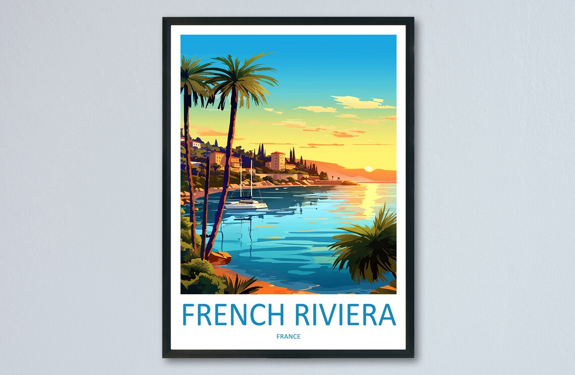 French Riviera France Sunset Bay Palm Trees Coastal Town Travel Poster