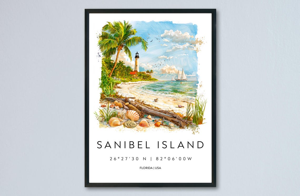 Sanibel Island Florida Lighthouse Beach Shells Watercolor Poster