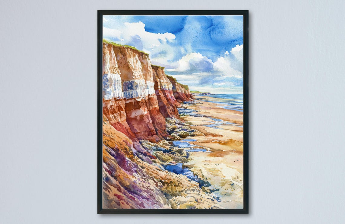 Hunstanton Cliffs Striped Red White Rock Beach Watercolor Poster