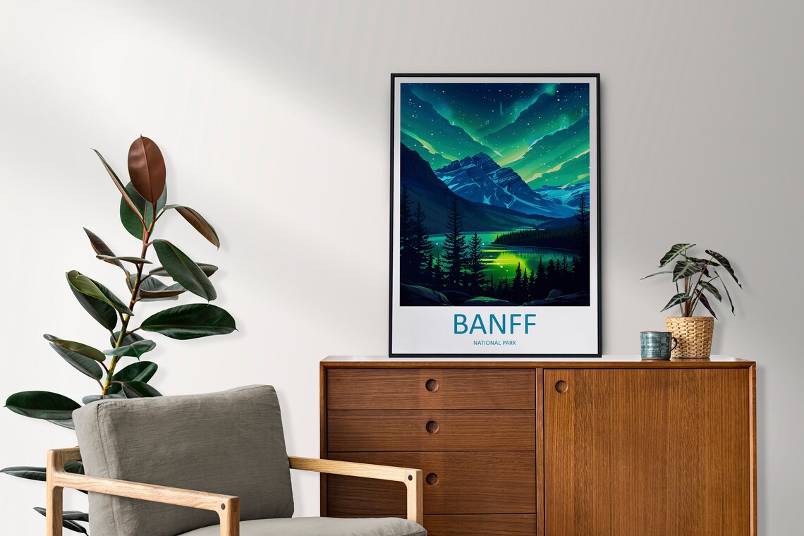 Banff National Park Illustrated Night Aurora Mountain Lake Travel Art Poster - Image 2