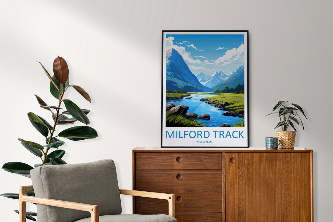 Milford Track New Zealand Mountain Travel Poster With River Peaks - Image 2