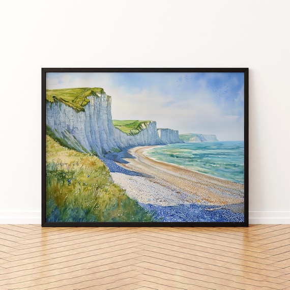 Eastbourne England White Chalk Cliffs Shingle Beach Watercolor Poster