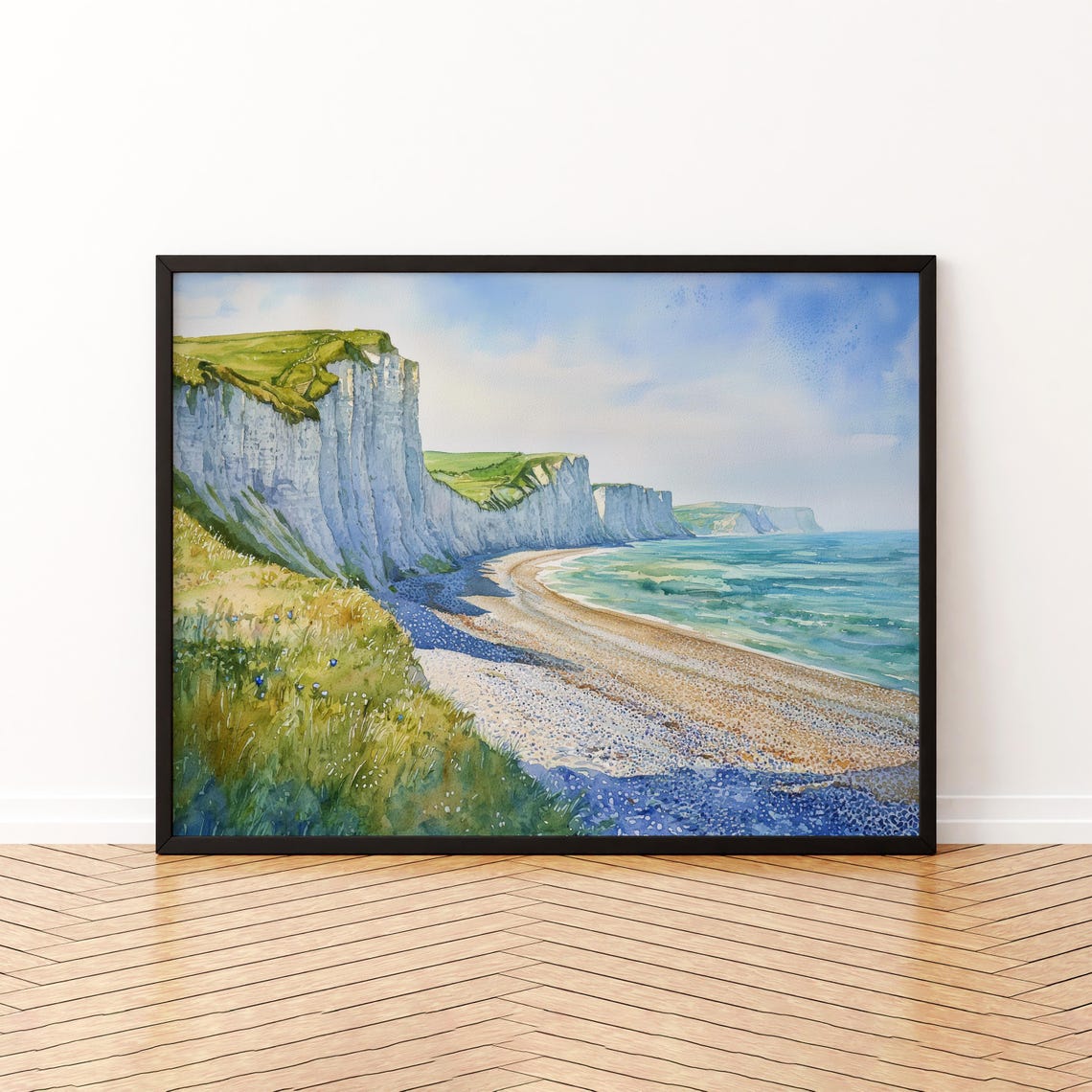 Eastbourne England White Chalk Cliffs Shingle Beach Watercolor Poster
