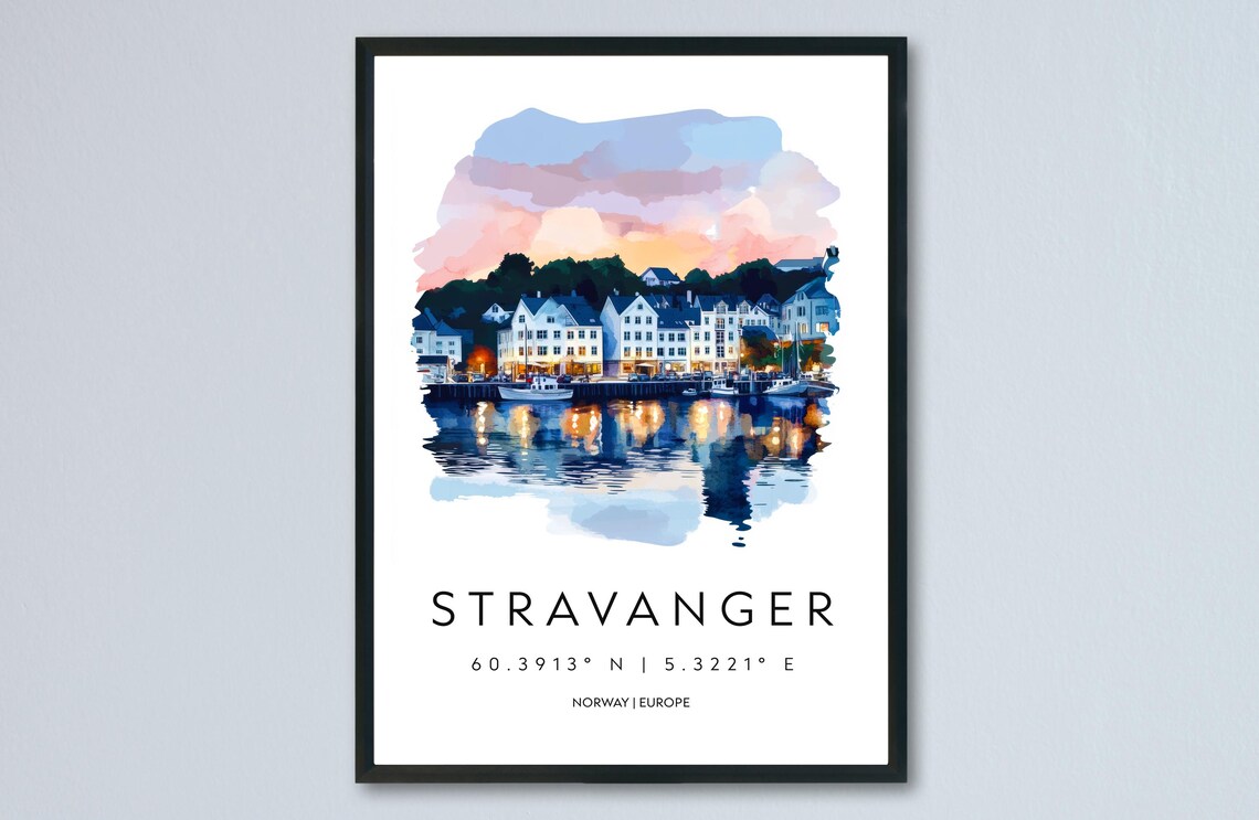 Stavanger Harbor Sunset Watercolor Norway Coastal Town Art Poster
