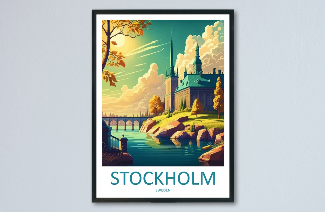 Stockholm Sweden Waterfront Golden Sunset Scenic Art Travel Poster